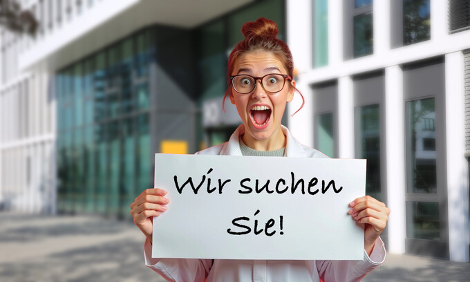 Frau hält Schild mit Aufschrift "Wir suchen Sie" in der Hand.